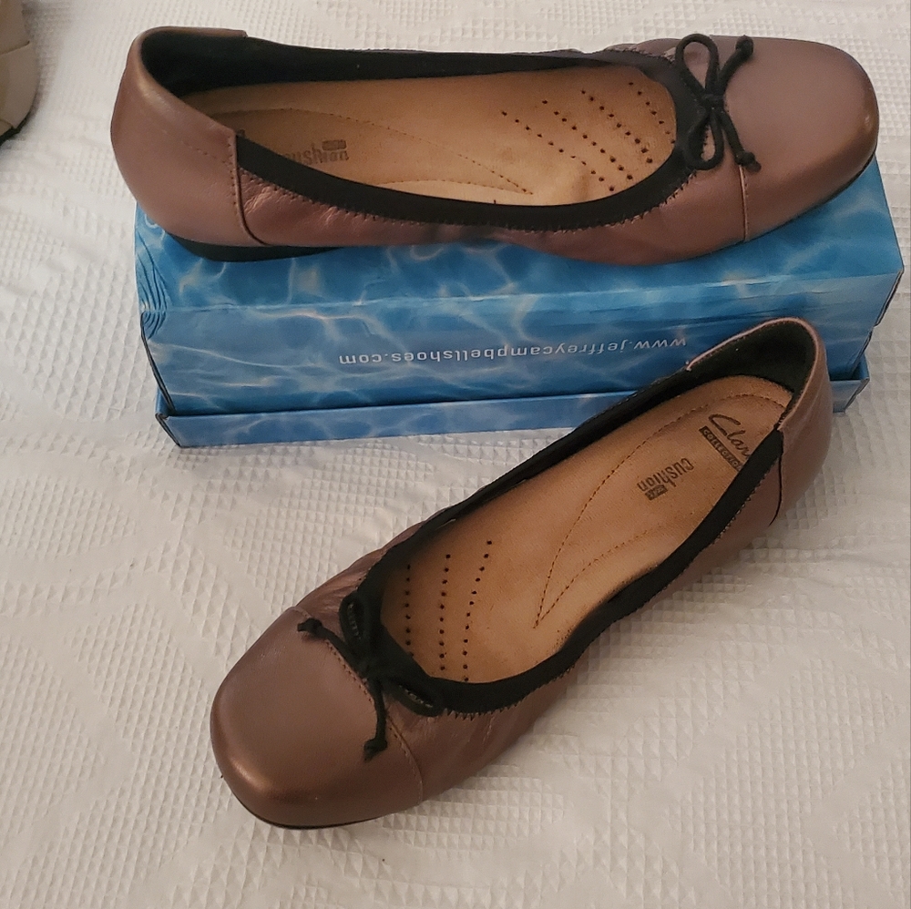 Clarks Metallic Bronze Leather Ballet Flats with Black Bow Detail